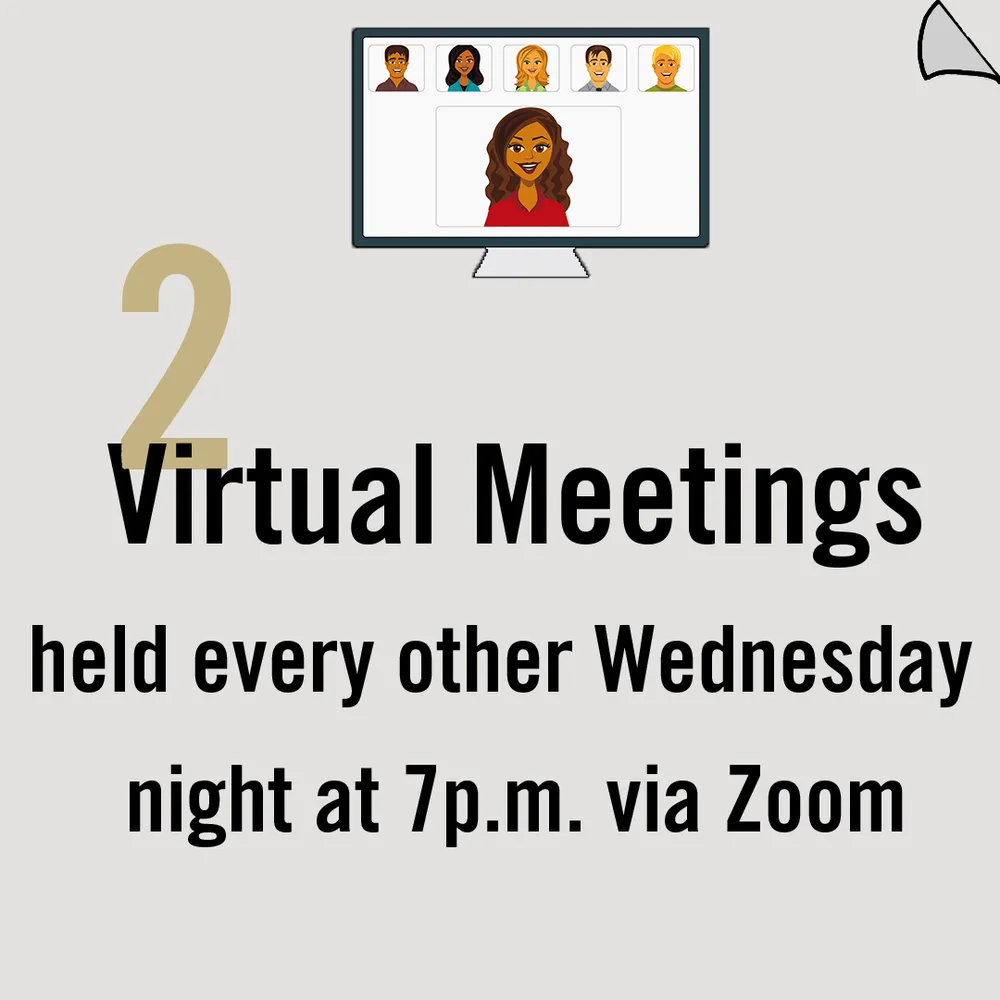 Carousel slide 3: virtual meetings every other Wednesday at 7 p.m. via Zoom