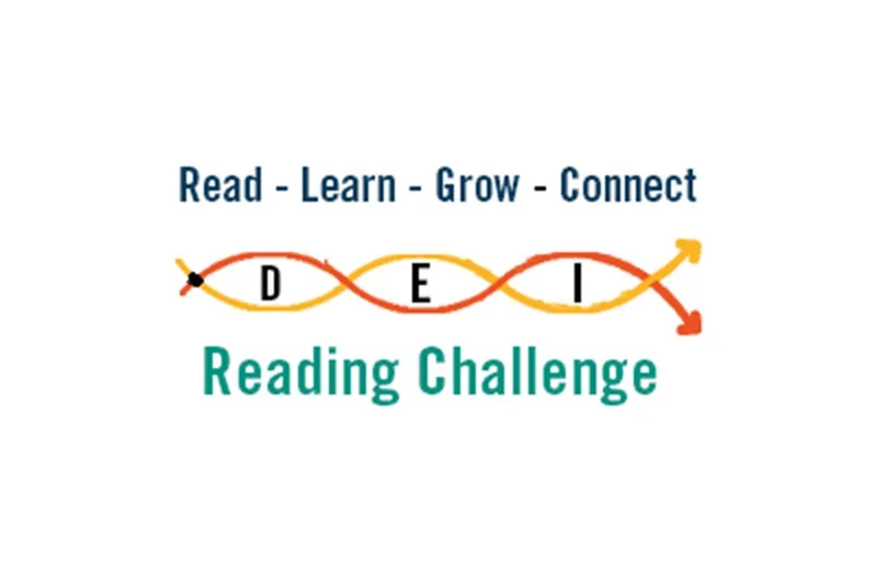 DEI Reading Challenge logo with the tagline Read, Learn, Grow, Connect and intertwined orange and yellow arrows