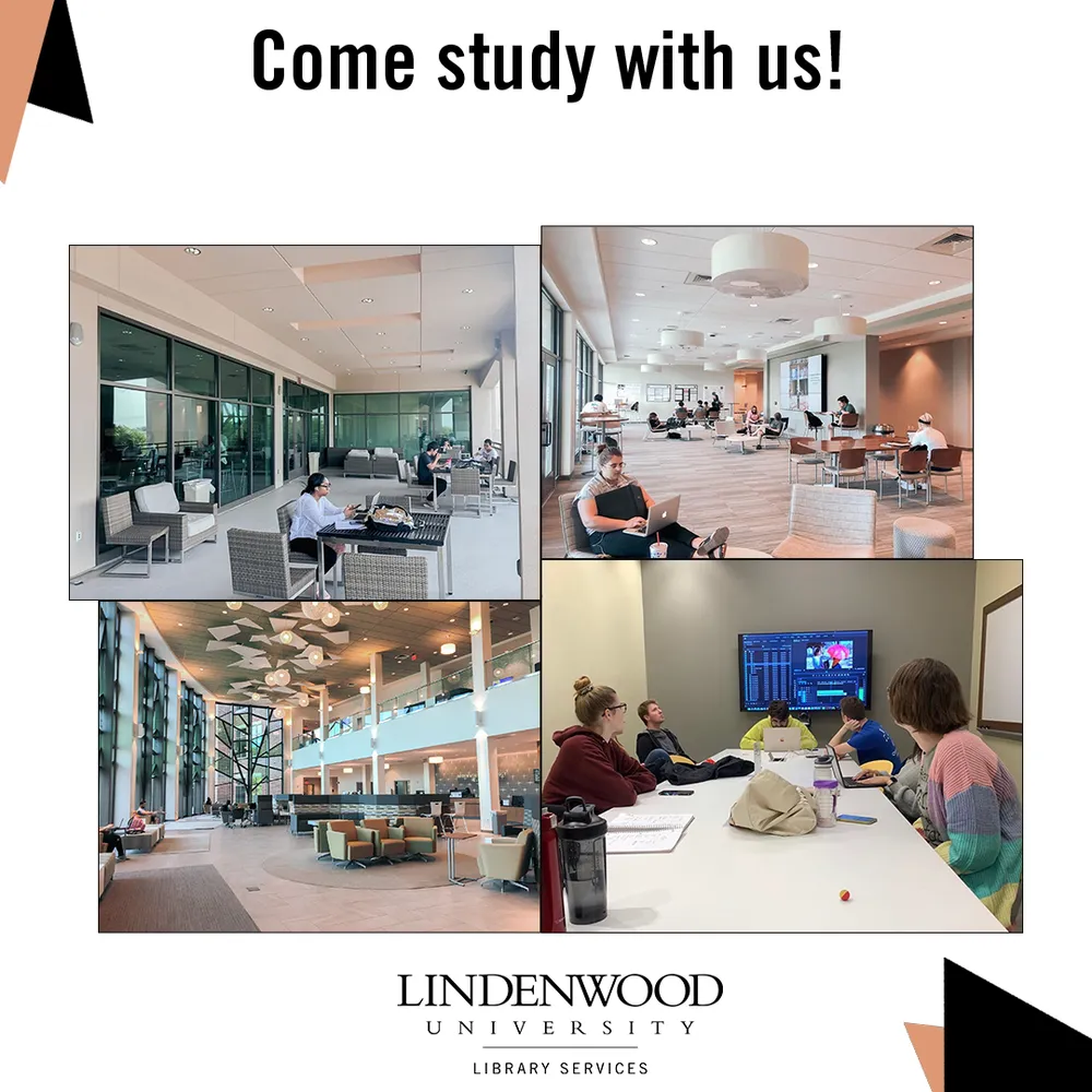 Lindenwood Library Services graphic titled Come study with us, with a collage of four library study spaces