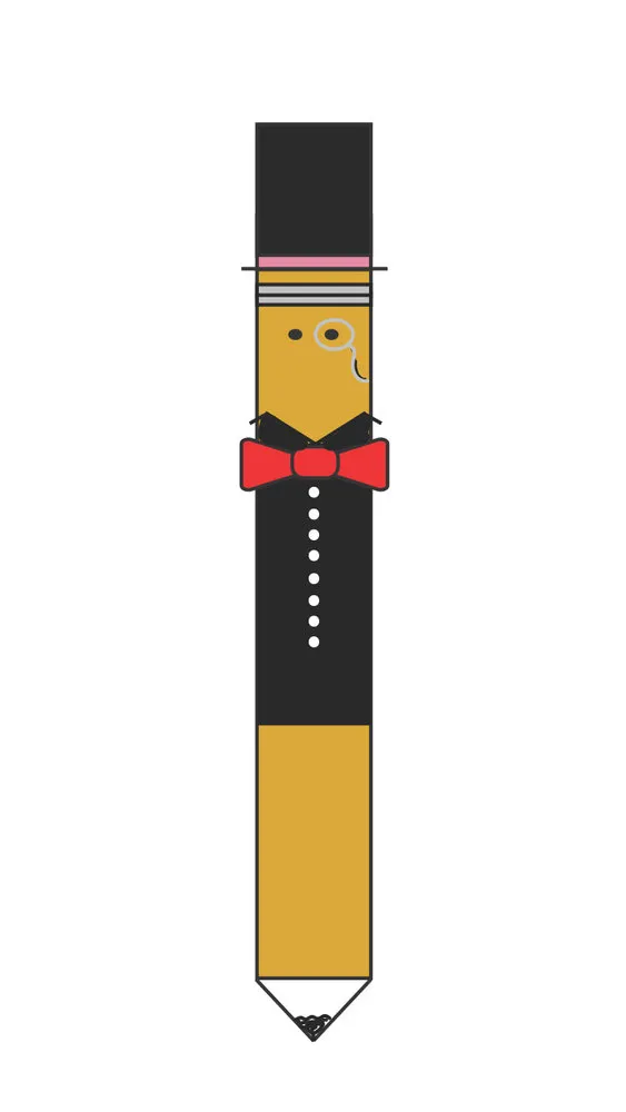 Vector illustration of a dapper pencil character wearing a top hat, monocle, and red bow tie