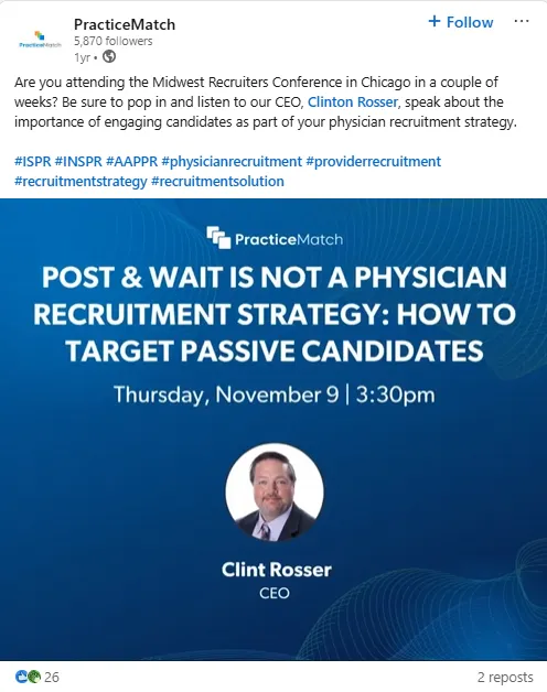PracticeMatch LinkedIn post promoting the CEO's speaking session at the Midwest Recruiters Conference