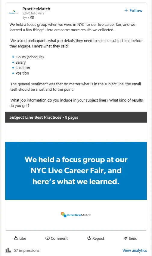 PracticeMatch LinkedIn carousel on email subject line best practices from a physician focus group