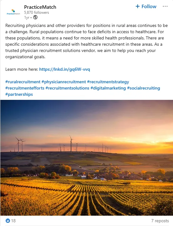 PracticeMatch LinkedIn thought leadership post on the challenges of rural physician recruitment